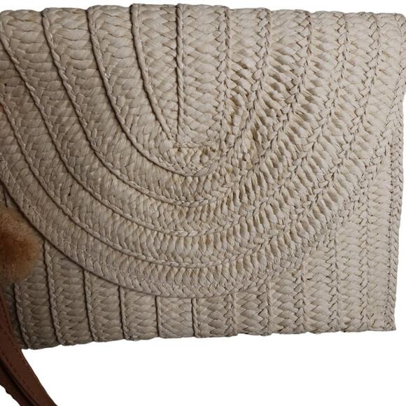 Cream Woven Straw Envelope Bag Crossbody or Clutch with Embroidery & Pom Pom - Picture 6 of 7
